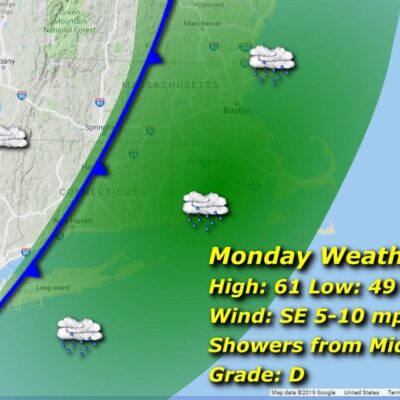 A map showing the weather for monday.