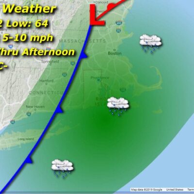 A map displaying the Rhode Island weather for Friday.