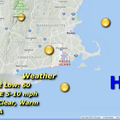A map displaying the current weather conditions in Massachusetts.