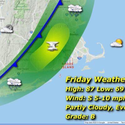 A map showing the weather for Friday in Massachusetts and Rhode Island.