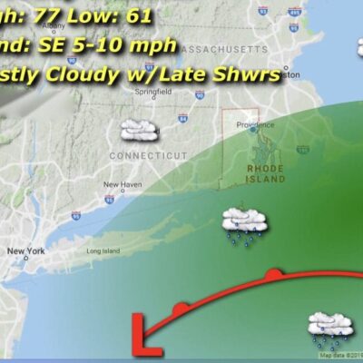 A map showing the direction of a storm in Rhode Island.
