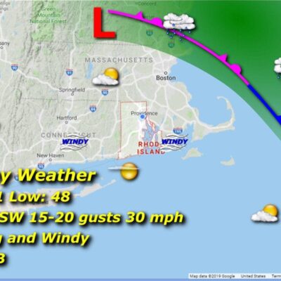 A weather map for Monday in Massachusetts displaying the forecast.