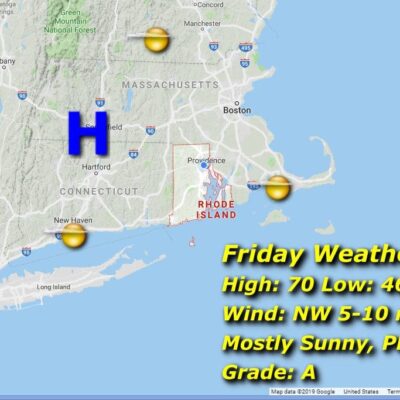 A map showing the weather for friday in massachusetts.