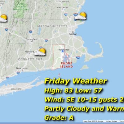 A map showing the weather for Friday in Massachusetts and Rhode Island.