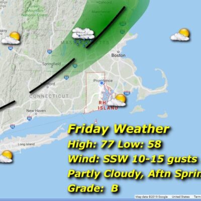 A map showing the weather for friday in massachusetts.