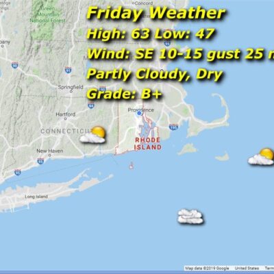 A map displaying the current location of a storm in Rhode Island.