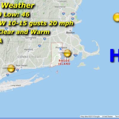 A map showing the weather for friday in massachusetts.