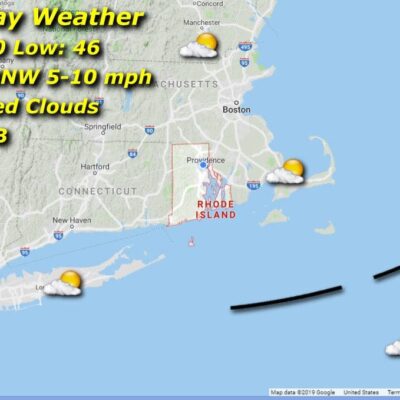 Rhode Island weather on Tuesday will feature high winds and scattered clouds, as shown on the weather map.
