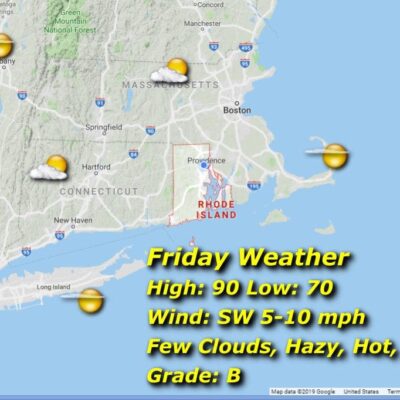 A map showing the weather in New Hampshire and Rhode Island.