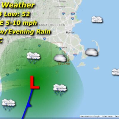 A map showing the Rhode Island weather for Friday.