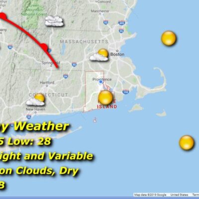This map displays the current weather conditions and forecasts for Massachusetts.