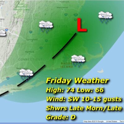 A map showing the Rhode Island weather for Friday.