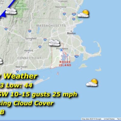 A map displaying the weather in Massachusetts and Rhode Island.