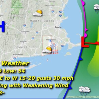 A map showing the weather for friday in massachusetts.