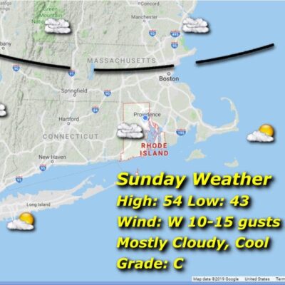 A Rhode Island weather map displaying the forecast for the upcoming days.