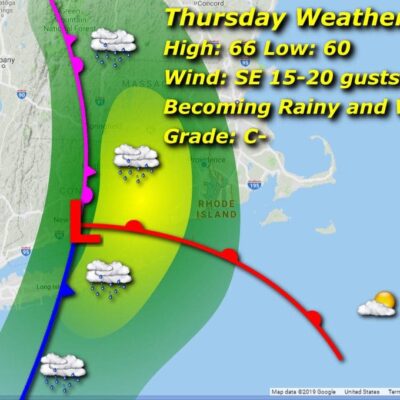 Thursday's weather map shows a rainy and windy day.