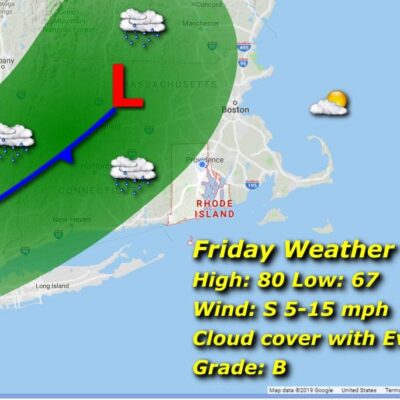 A weather map displaying the forecast for Friday in Rhode Island.