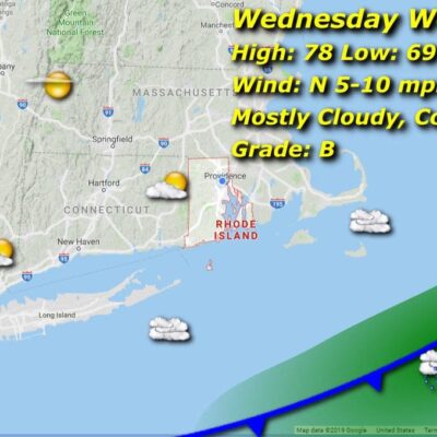 A map showing the weather for wednesday.