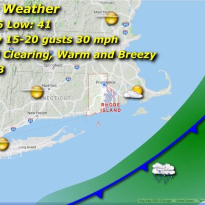 A map showing the weather for friday in massachusetts.