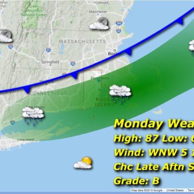 A map of the Monday weather in New Hampshire and Rhode Island.