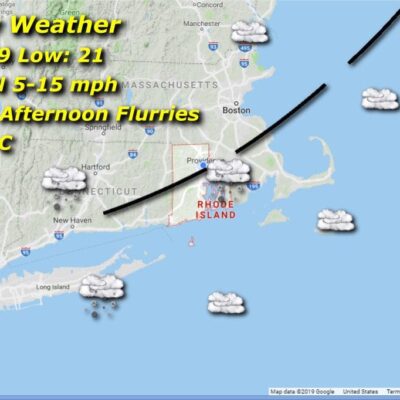 A map showing the weather for Friday in Massachusetts and Rhode Island.
