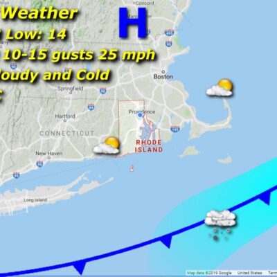 A map showing the weather for friday in massachusetts.