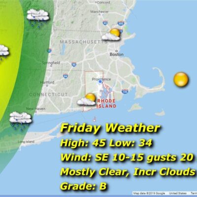 A map showing the weather for Friday in Massachusetts and Rhode Island.