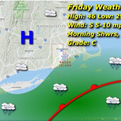 A map showing the weather for friday.