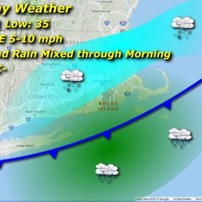 Rhode Island's Tuesday weather map shows snow and rain mixed through the morning.