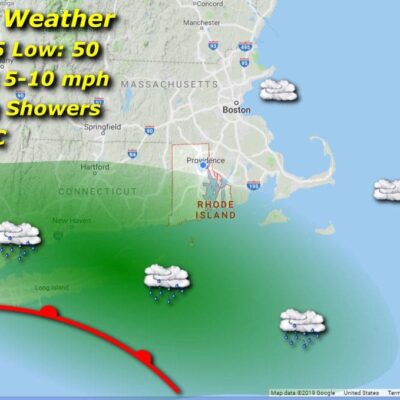 A map showing the weather for friday in massachusetts.