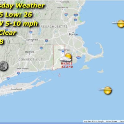 A map showing the Rhode Island weather for Wednesday.