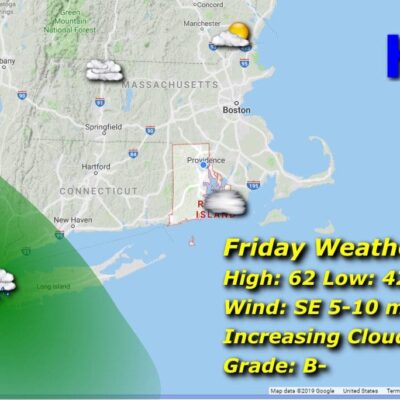 A map showing the weather for Friday in Massachusetts and Rhode Island.