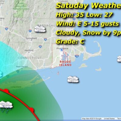 A map showing the weather for Saturday in Massachusetts and Rhode Island.