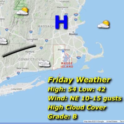 A map showing the weather for friday in massachusetts.