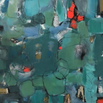 An abstract painting with red, green, and blue colors.