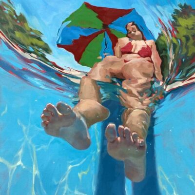 A work of art depicting a woman's feet under an umbrella.