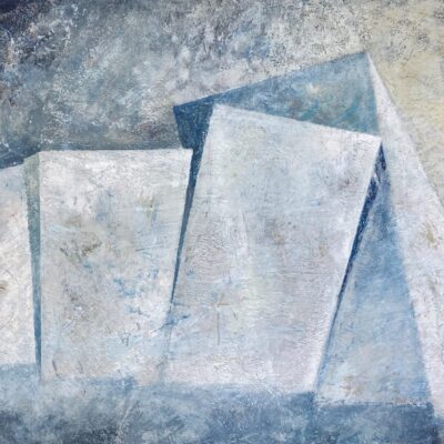 A painting of three blue and white squares.