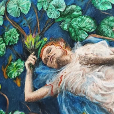 A painting of a woman laying on water lilies.