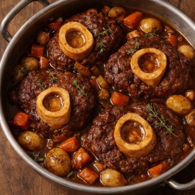 A rustic pot of braised beef shanks with bone marrow and vegetables.