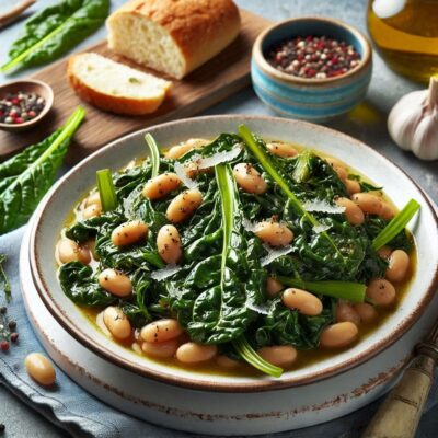 A bowl of beans and greens on the table.