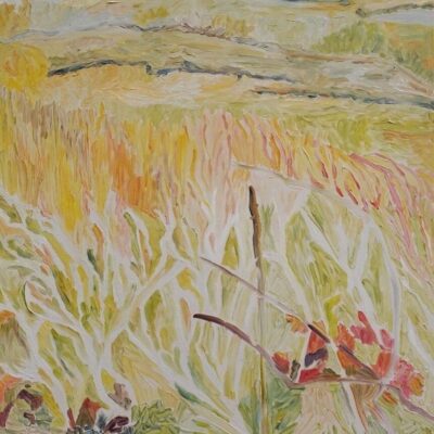 Abstract landscape painting, warm tones.