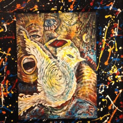 A painting of a white dove on a black background.