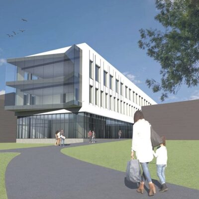 An artist's rendering of a building with people walking in front of it.