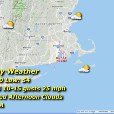 A map displaying current weather conditions in Massachusetts and Rhode Island.
