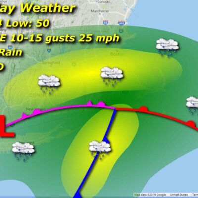 A map showing the weather for saturday.