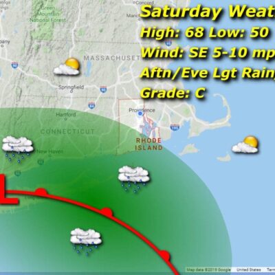 A map showing the weather for Saturday in Massachusetts and Rhode Island.