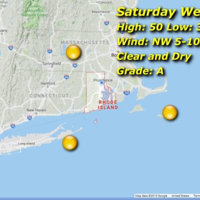 A map showing the weather in New Hampshire and Rhode Island.