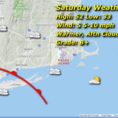 A map showing the weather in New Hampshire and Rhode Island.