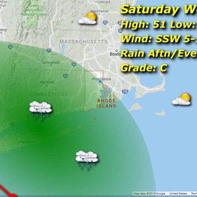 A map showing the weather for saturday in massachusetts.