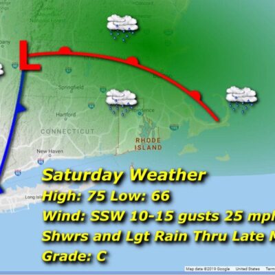 A map showing the weather for Saturday in Massachusetts and Rhode Island.